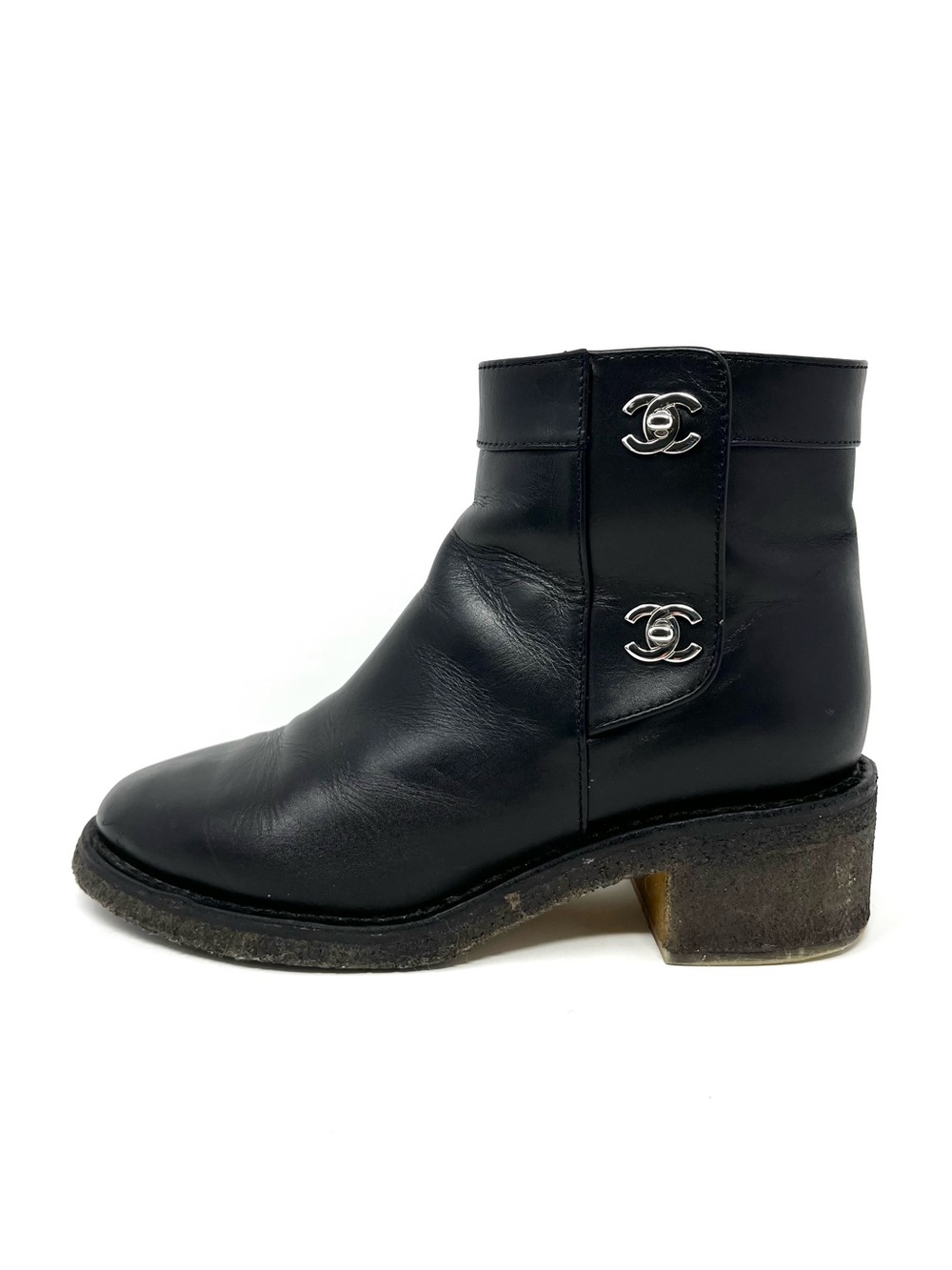 Chanel Black Leather CC Logo Turnlock Ankle Boot Boots Booties Shoes Moto 38 38C - Picture 11 of 11